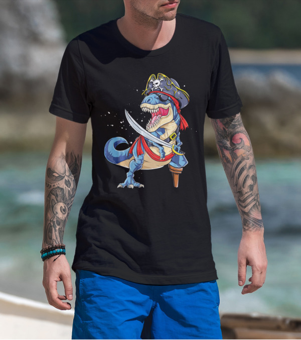 T-Rex Pirate Jolly Roger Dinosaur With Peg Leg And Sword T-Shirt