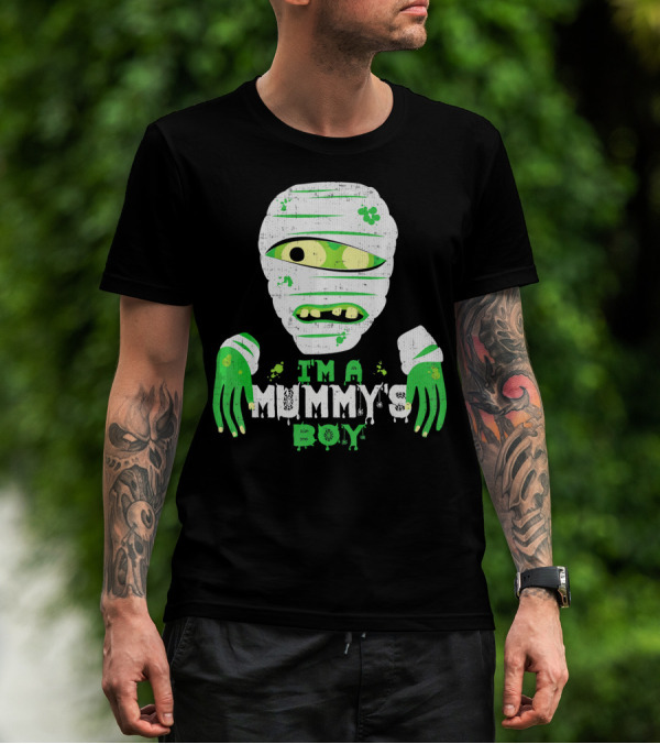 Creepy I'm A Mummy's Boy Green Cartoon Mummy Face And Hands T-Shirt