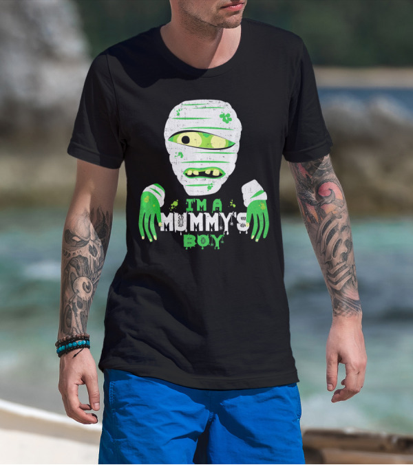 Creepy I'm A Mummy's Boy Green Cartoon Mummy Face And Hands T-Shirt