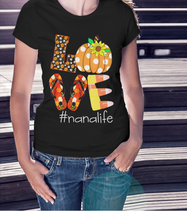 Nanalife Funny Love Pumpkin Flip Flops Halloween Candy Corn And Sunflower T-Shirt
