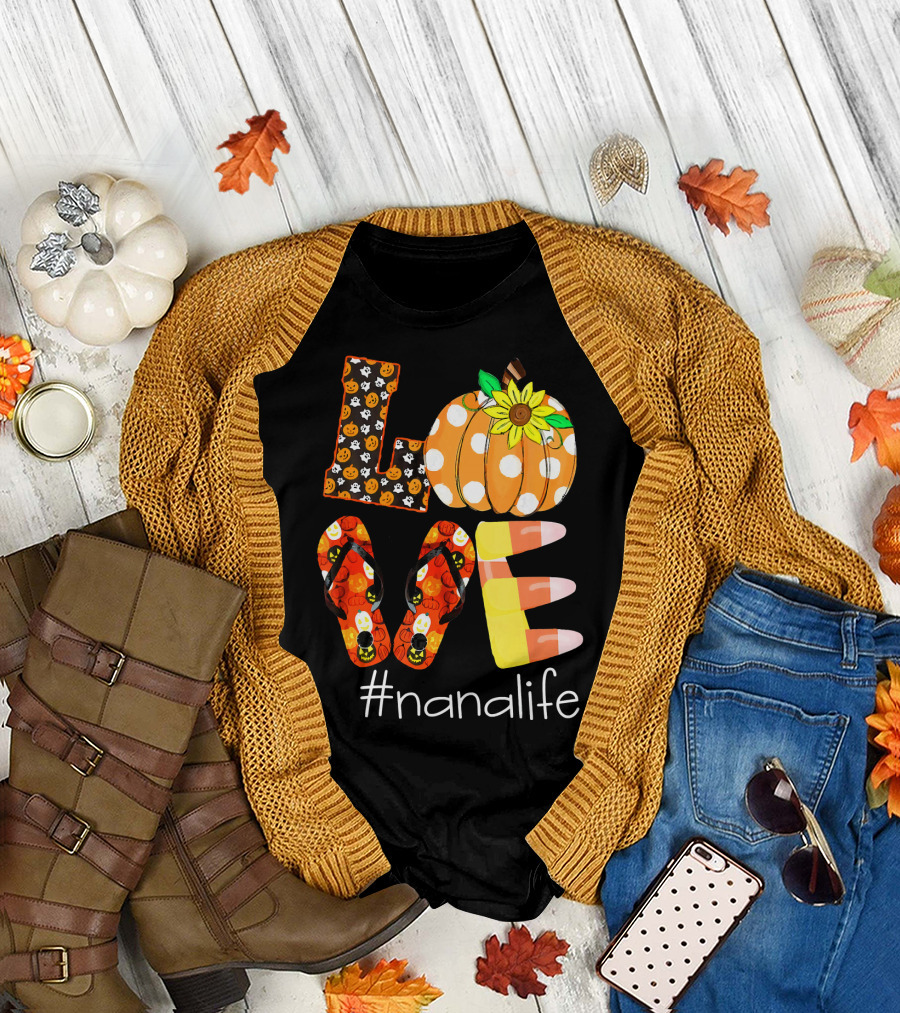 Nanalife Funny Love Pumpkin Flip Flops Halloween Candy Corn and Sunflower T-Shirt