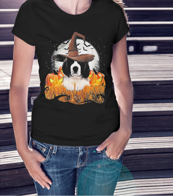 Cute Saint Bernard Dog Witch With Pumpkins And Full Moon T-Shirt