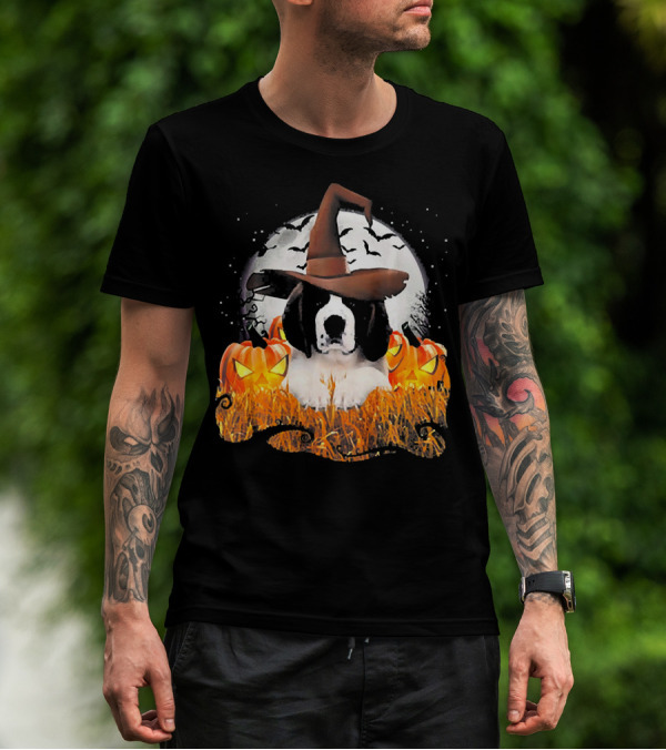 Cute Saint Bernard Dog Witch With Pumpkins And Full Moon T-Shirt