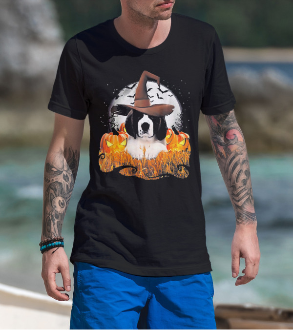 Cute Saint Bernard Dog Witch With Pumpkins And Full Moon T-Shirt
