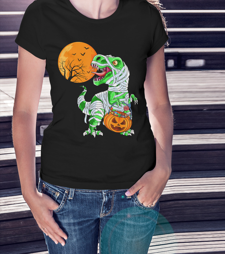 Halloween Mummy T Rex With Pumpkin Candy Under Full Moon T-Shirt