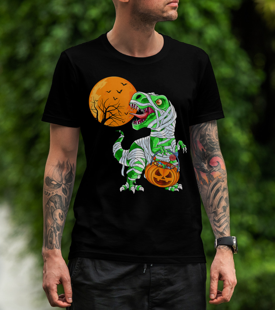Halloween Mummy T Rex With Pumpkin Candy Under Full Moon T-Shirt