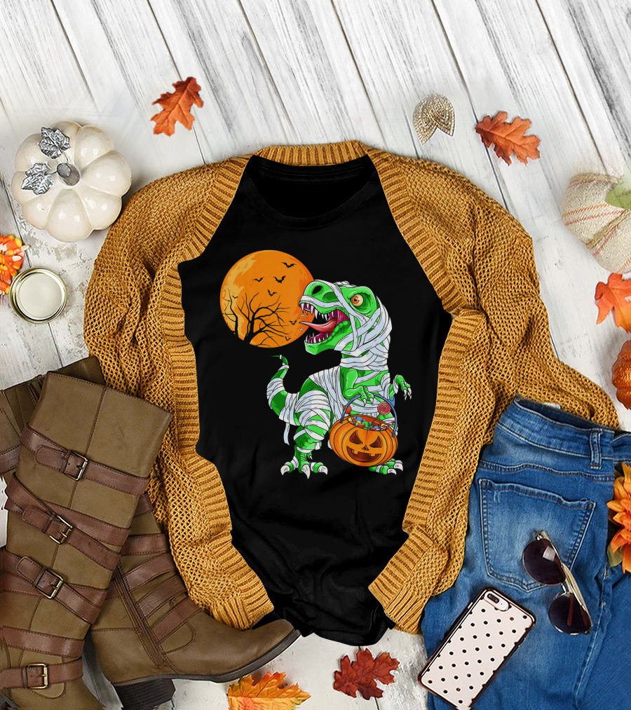 Halloween Mummy T Rex with Pumpkin Candy under Full Moon T-Shirt