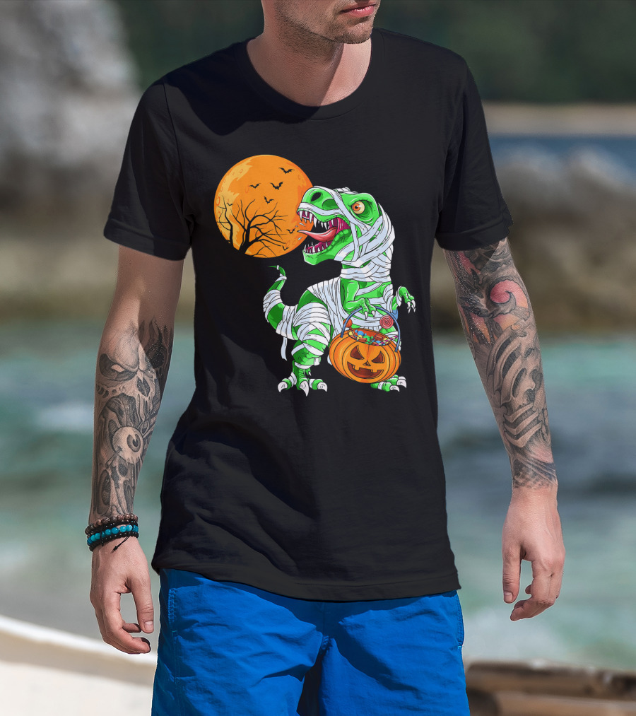 Halloween Mummy T Rex With Pumpkin Candy Under Full Moon T-Shirt