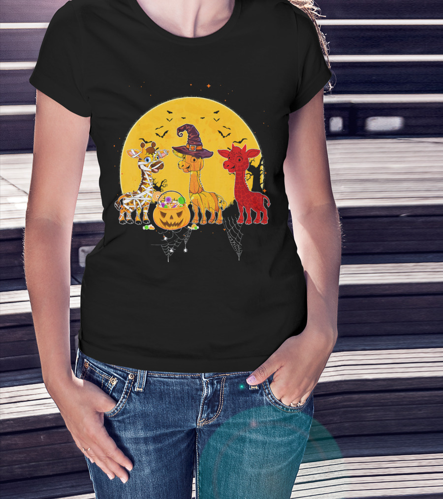 Three Giraffes Halloween Moon Mummy Witch Devil T-Shirt