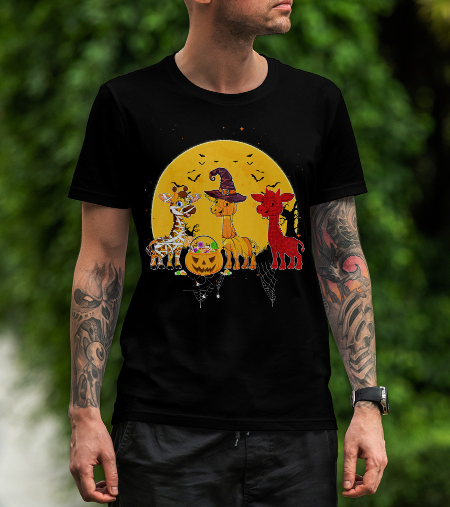 Three Giraffes Halloween Moon Mummy Witch Devil T-Shirt