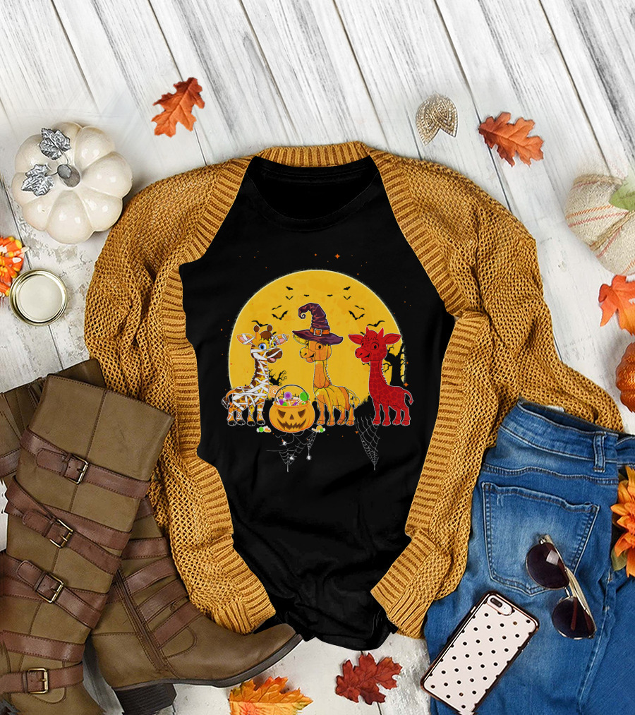 Three Giraffes Halloween Moon Mummy Witch Devil T-Shirt