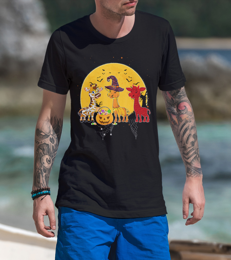 Three Giraffes Halloween Moon Mummy Witch Devil T-Shirt