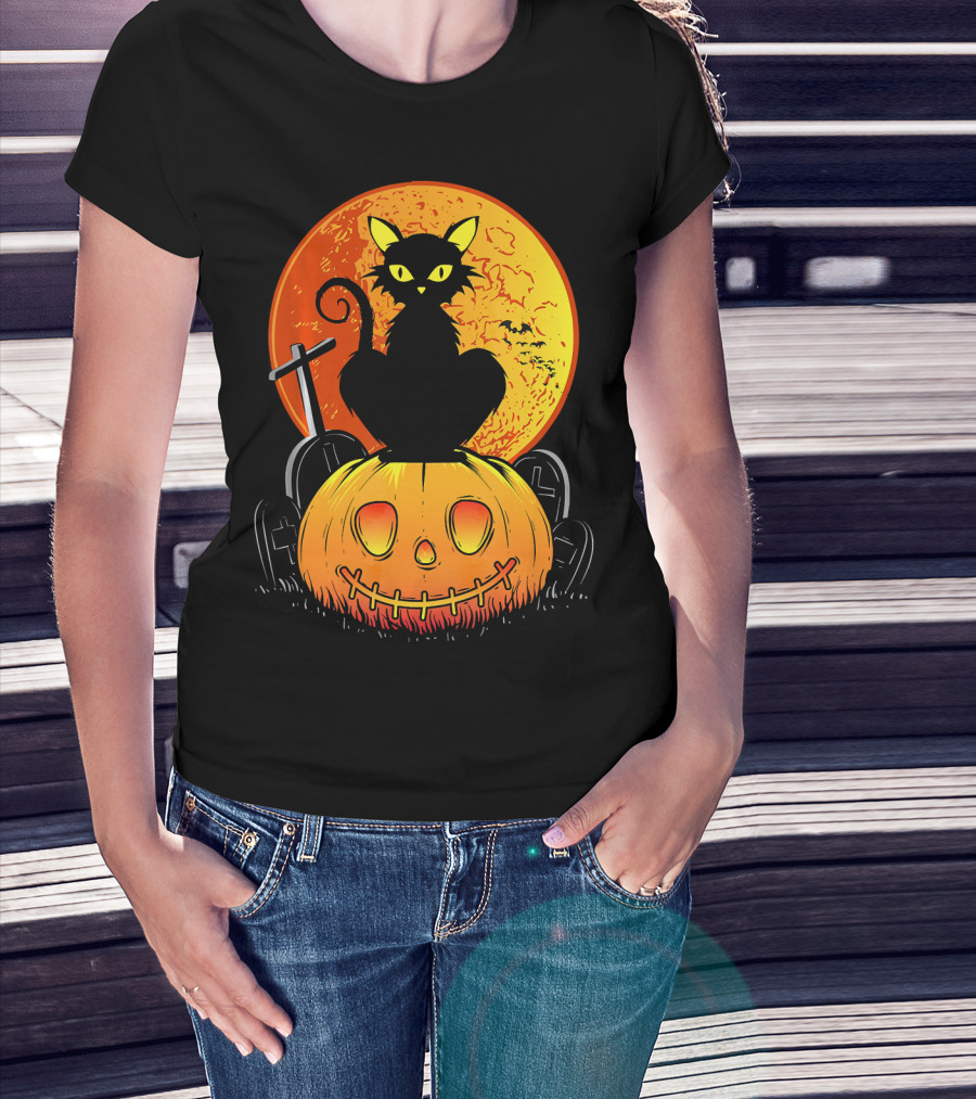 Halloween Black Cat On Pumpkin With Full Moon And Graveyard T-Shirt