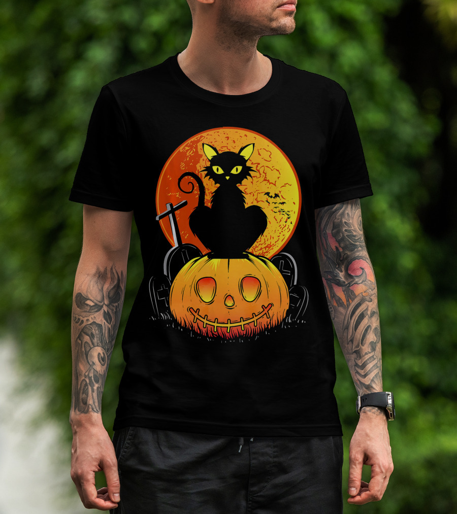 Halloween Black Cat On Pumpkin With Full Moon And Graveyard T-Shirt
