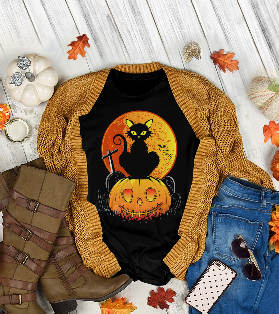 Halloween Black Cat on Pumpkin with Full Moon and Graveyard T-Shirt
