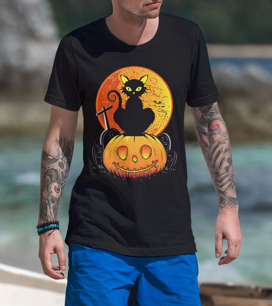 Halloween Black Cat On Pumpkin With Full Moon And Graveyard T-Shirt
