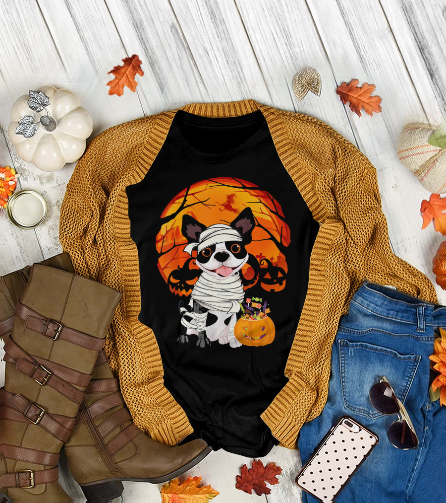 Halloween Kids Boston Terrier Mummy with Pumpkin and Witch T-Shirt
