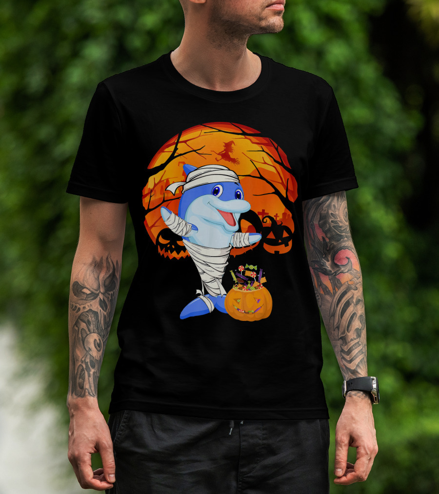 Halloween Dolphin Mummy With Candy Pumpkin And Witch Full Moon T-Shirt