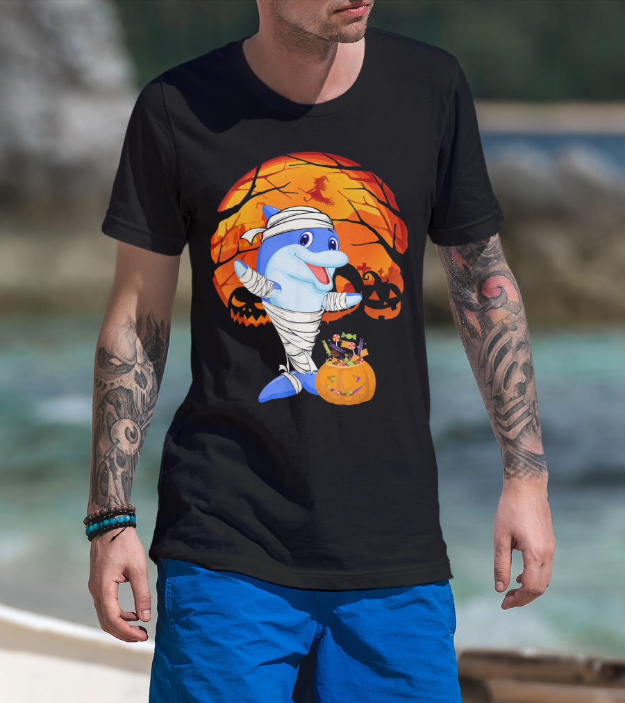 Halloween Dolphin Mummy With Candy Pumpkin And Witch Full Moon T-Shirt