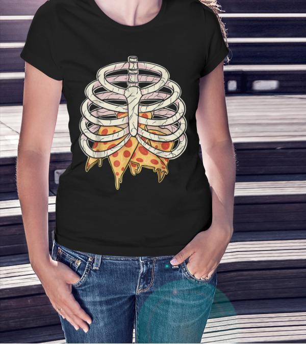 Skeleton Ribcage Pizza Slice Zombie Hall T-Shirt