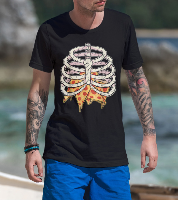 Skeleton Ribcage Pizza Slice Zombie Hall T-Shirt