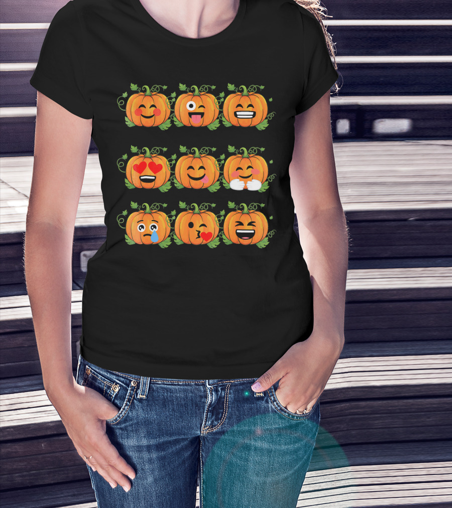 Pumpkin Emoji Faces Smiling Laughing Heart Eyes Winking Funny Expressions T-Shirt