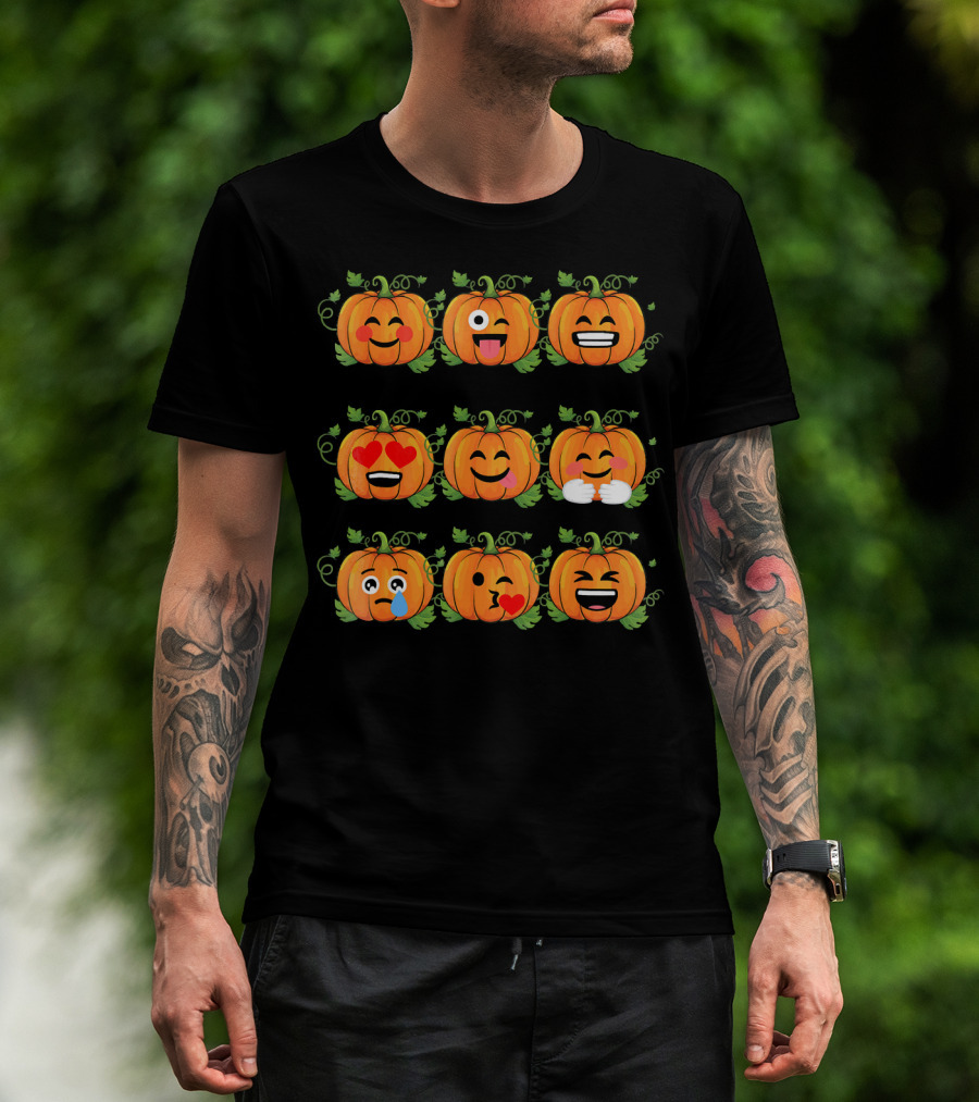 Pumpkin Emoji Faces Smiling Laughing Heart Eyes Winking Funny Expressions T-Shirt