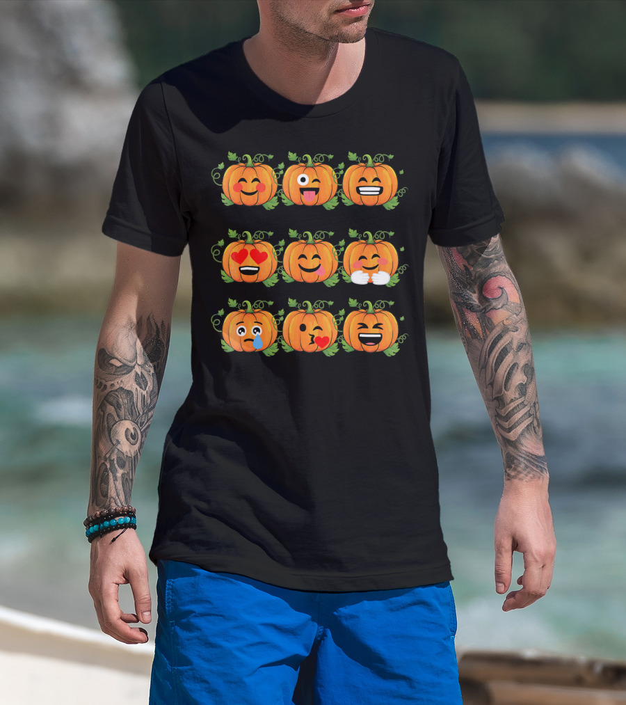 Pumpkin Emoji Faces Smiling Laughing Heart Eyes Winking Funny Expressions T-Shirt