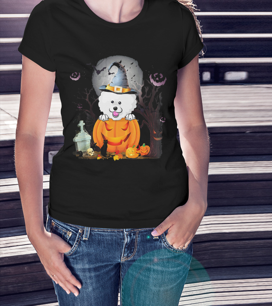 Bichon Frise Dog In Witch Hat With Halloween Pumpkin And Black Cat T-Shirt