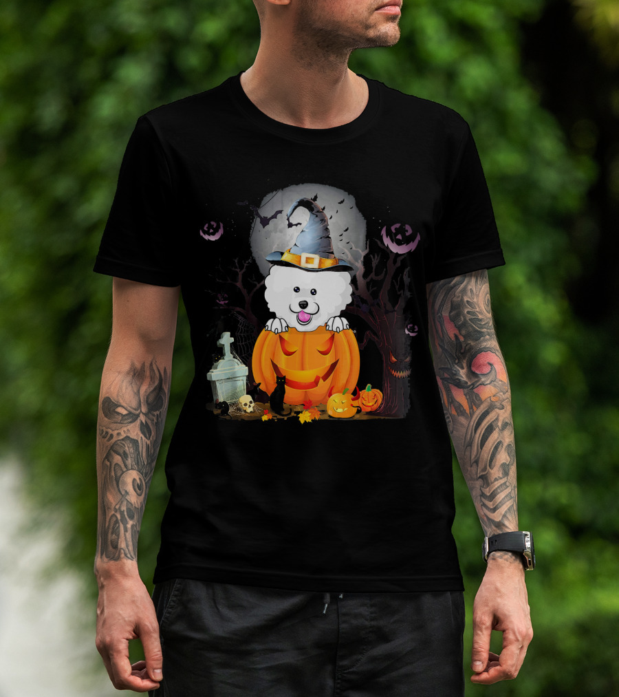 Bichon Frise Dog In Witch Hat With Halloween Pumpkin And Black Cat T-Shirt