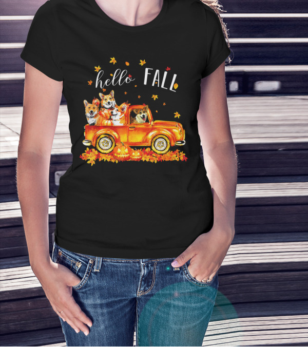 Hello Fall Corgis In Truck With Pumpkins And Leaves T-Shirt