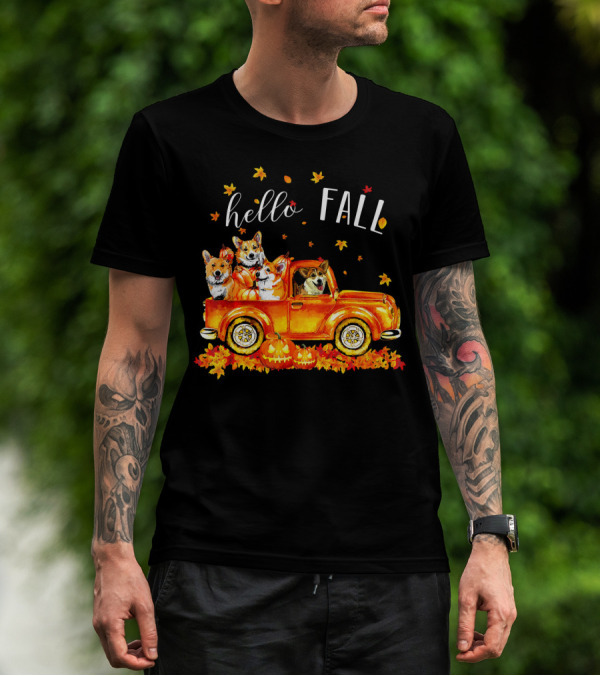 Hello Fall Corgis In Truck With Pumpkins And Leaves T-Shirt