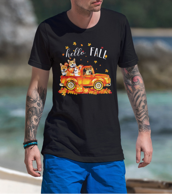 Hello Fall Corgis In Truck With Pumpkins And Leaves T-Shirt