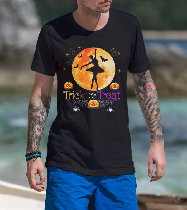 Trick Or Treat Ballerina Halloween Moon Pumpkins Bats Spiders T-Shirt