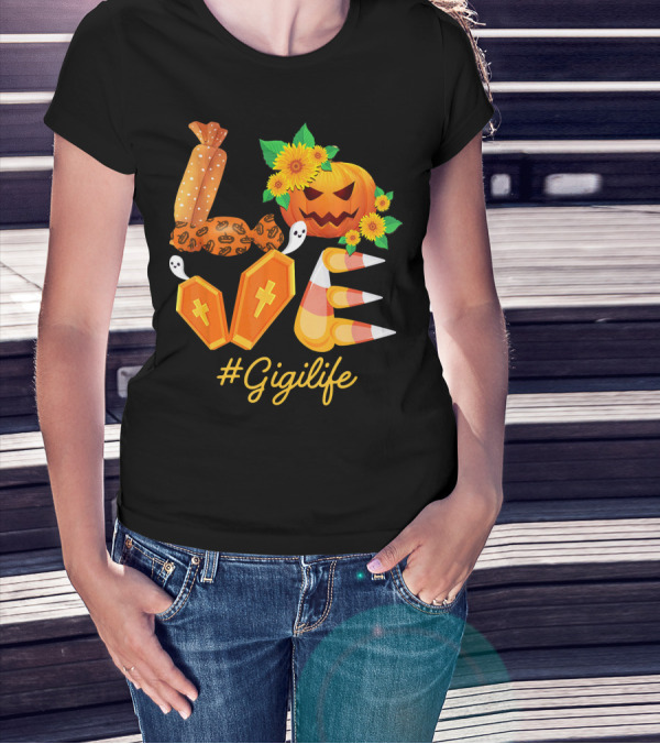Love Gigi Life Halloween Pumpkin Sunflower Candy Corn Ghosts T-Shirt