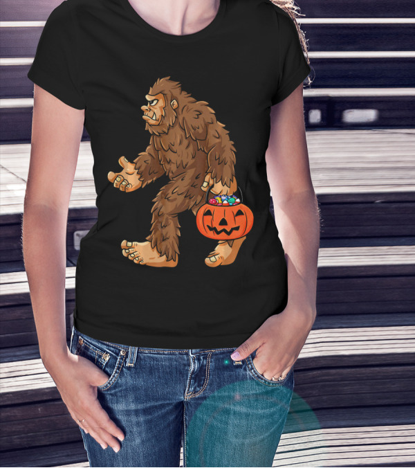 Bigfoot Carrying Jack O Lantern Halloween Candy T-Shirt