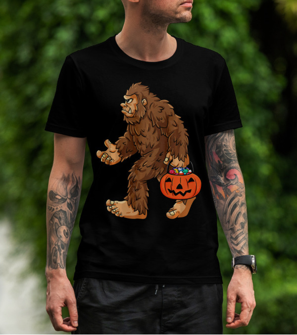 Bigfoot Carrying Jack O Lantern Halloween Candy T-Shirt