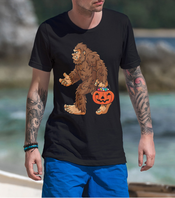 Bigfoot Carrying Jack O Lantern Halloween Candy T-Shirt