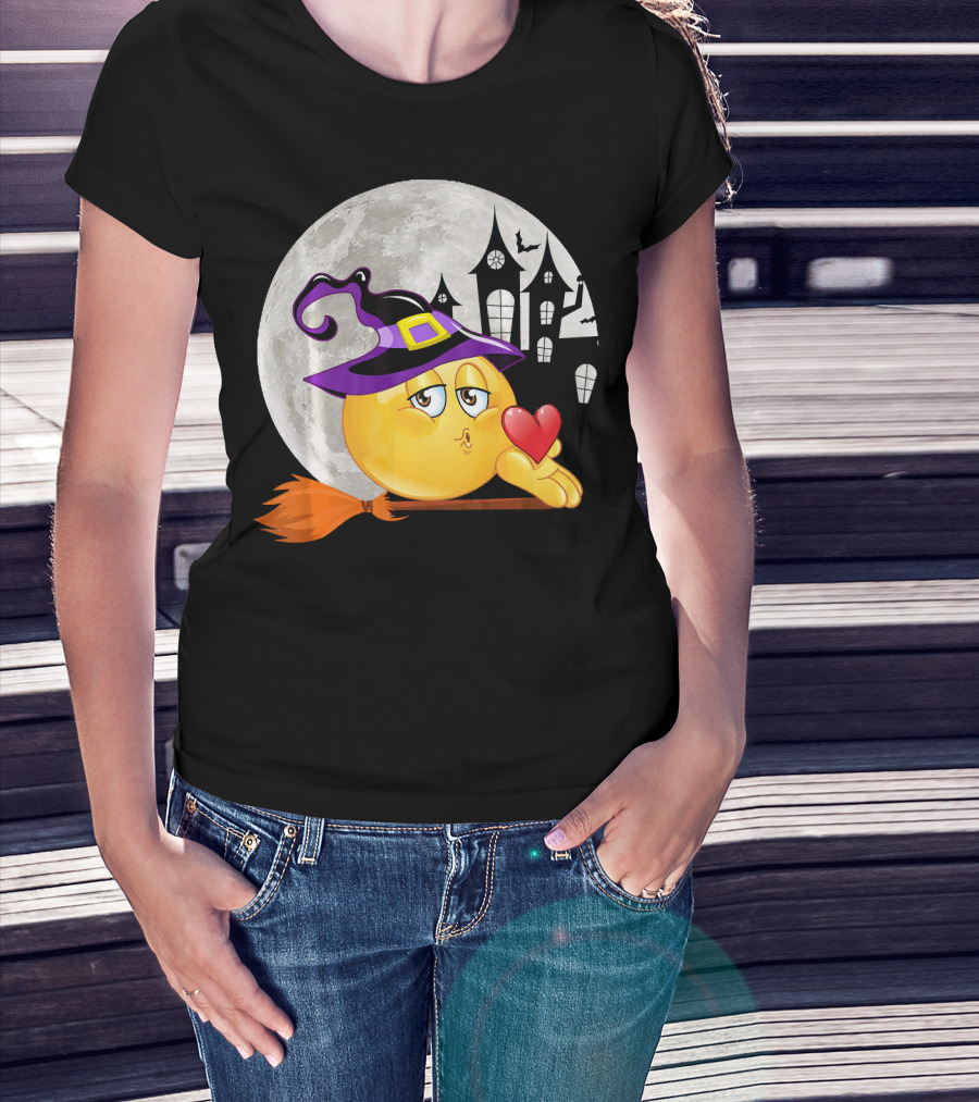 Kissing Face Emoji Witch Hat Broomstick With Heart In Front Of Spooky House And Full Moon T-Shirt