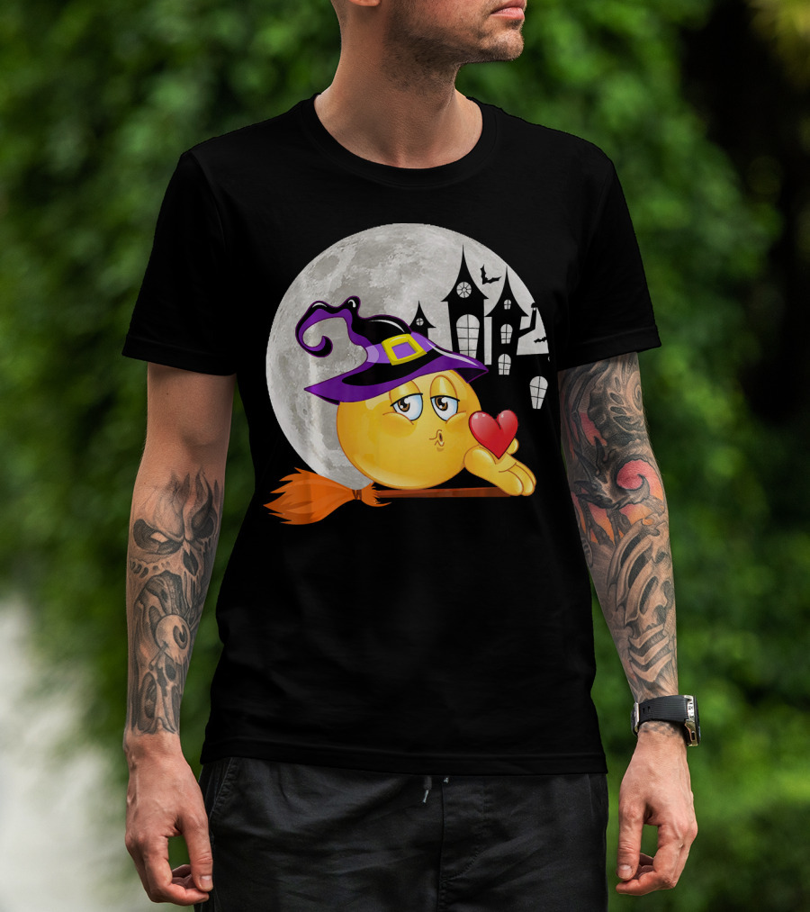 Kissing Face Emoji Witch Hat Broomstick With Heart In Front Of Spooky House And Full Moon T-Shirt