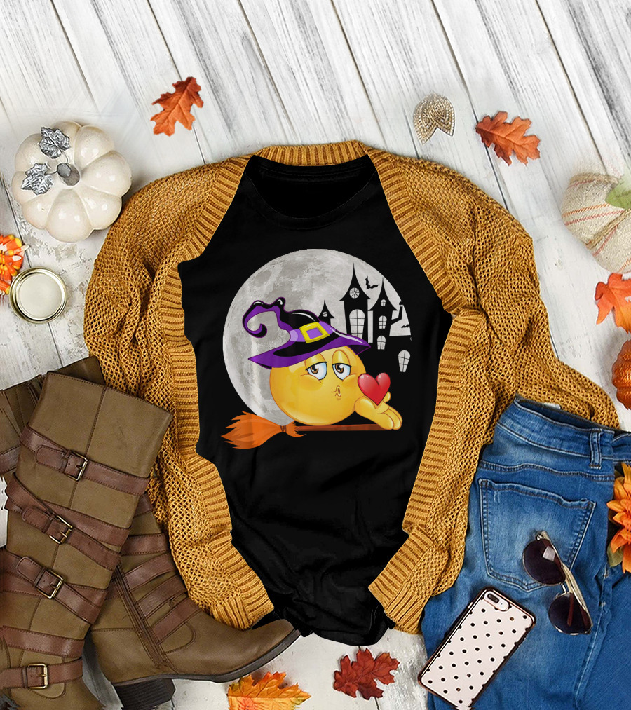 Kissing Face Emoji Witch Hat Broomstick with Heart in Front of Spooky House and Full Moon T-Shirt