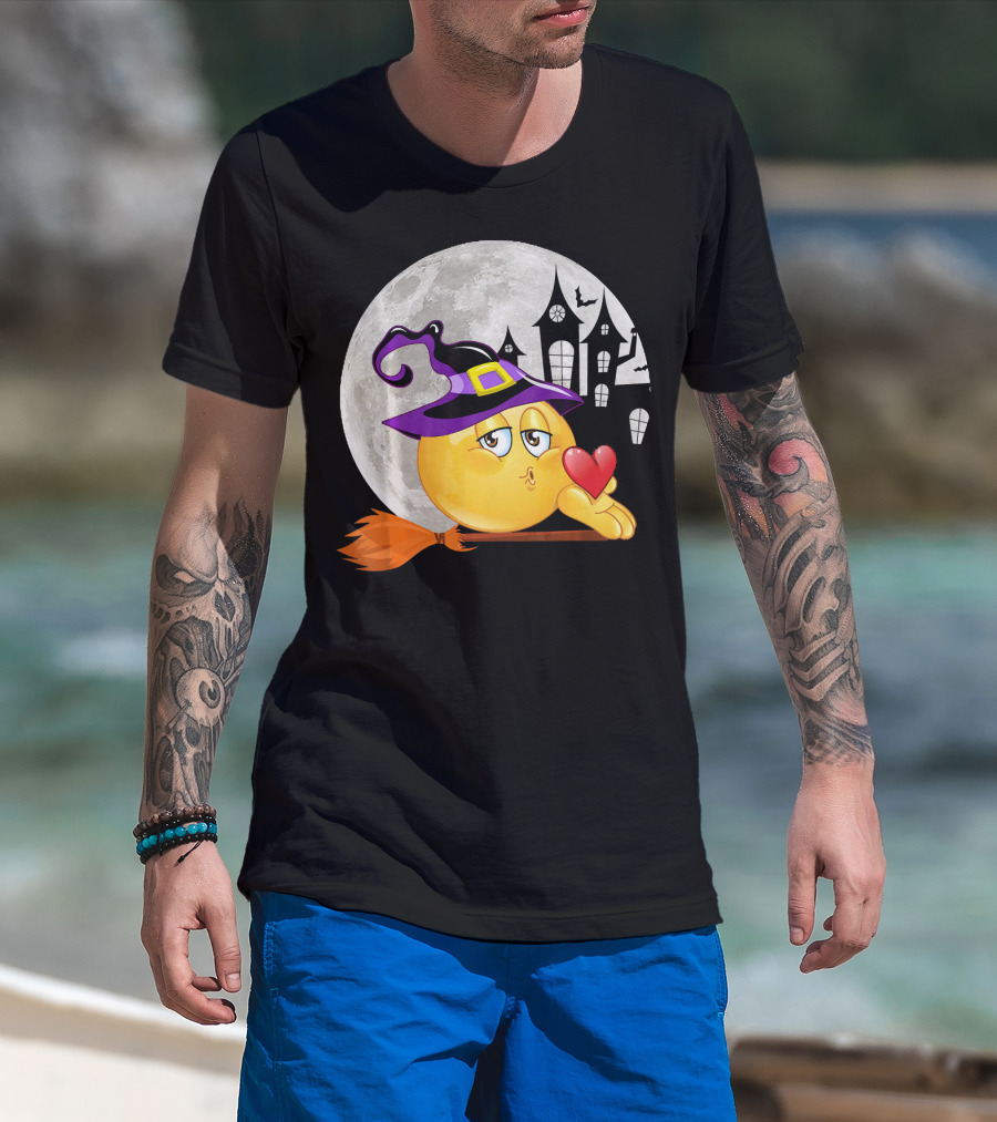 Kissing Face Emoji Witch Hat Broomstick With Heart In Front Of Spooky House And Full Moon T-Shirt