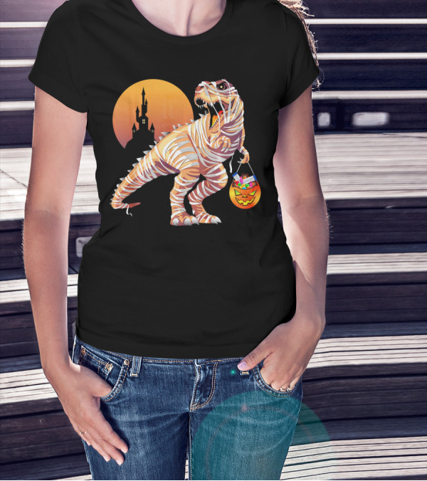 Mummy Rex Dinosaur Halloween Trick Or Treat Castle Shadows T-Shirt