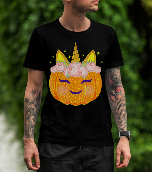 Smiling Unicorn Pumpkin With Flowers And Stars T-Shirt