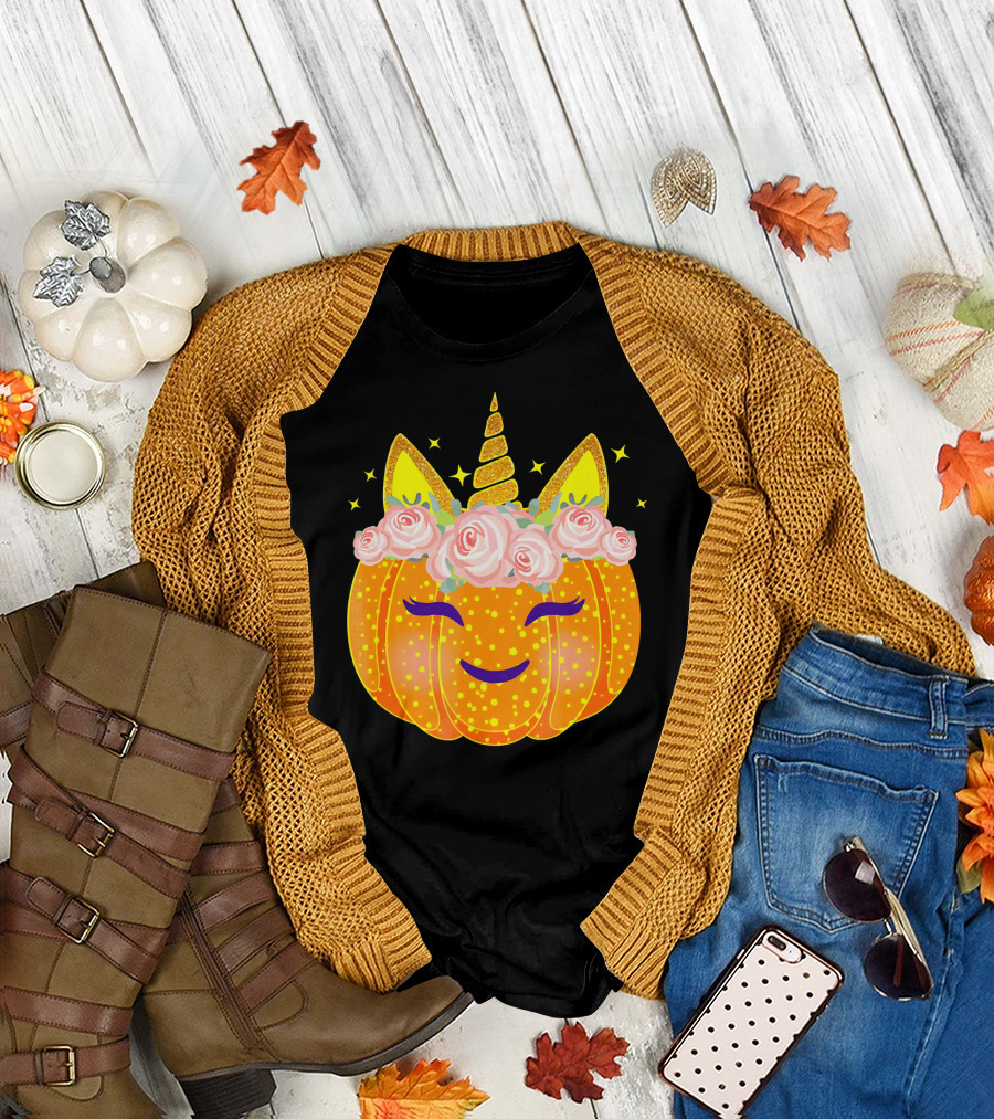 Smiling Unicorn Pumpkin with Flowers and Stars T-Shirt