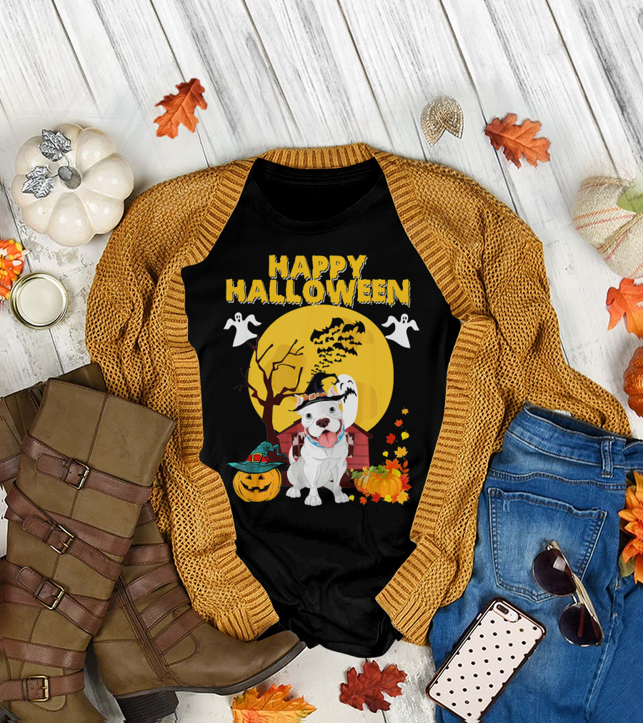 Happy Halloween Pumpkin Pitbull Dog Ghosts and Spooky Night T-Shirt