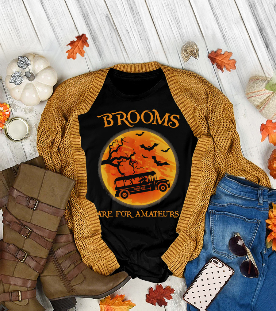 Brooms Are for Amateurs School Bus Halloween Scene T-Shirt
