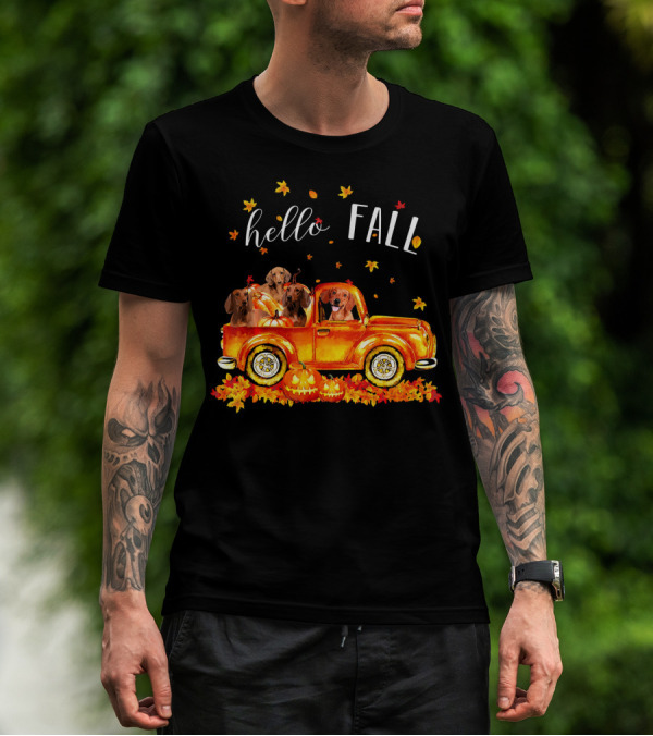 Hello Fall Dachshund Pumpkins Leaves Truck T-Shirt
