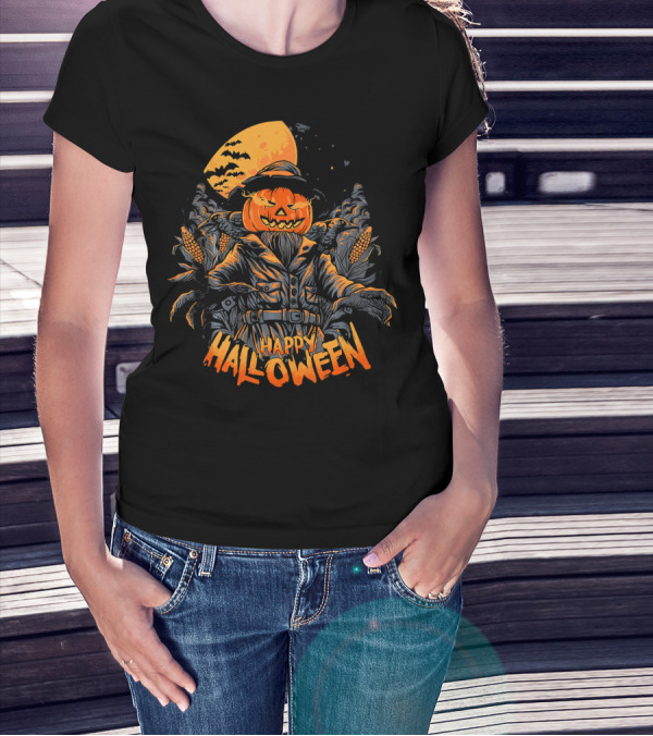 Happy Halloween Pumpkin Horror Moonlit Scarecrow Cornfield T-Shirt