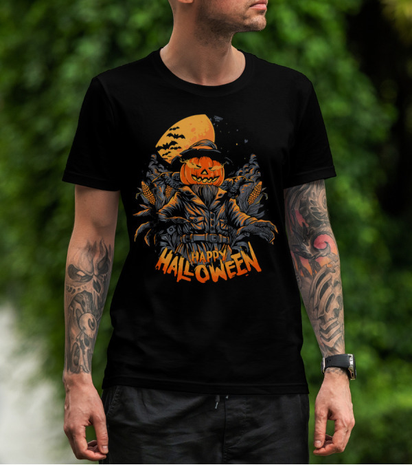 Happy Halloween Pumpkin Horror Moonlit Scarecrow Cornfield T-Shirt